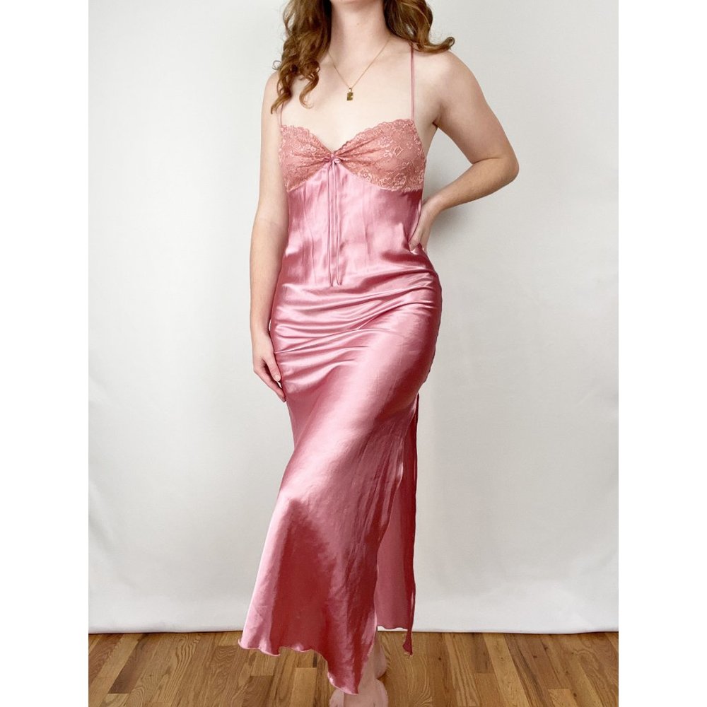 Vintage Slip Dress Lace Silky Sexy Low Open Back Slits Midi Maxi Chemise Barbie - Picture 3 of 5